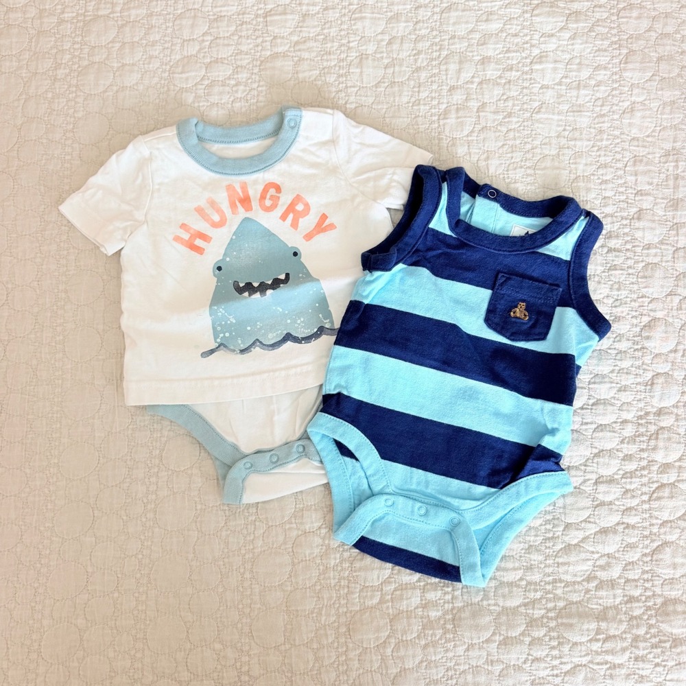Baby Gap 0-3 Months Shark Graphic and Striped Bodysuit Set of 2 Blue